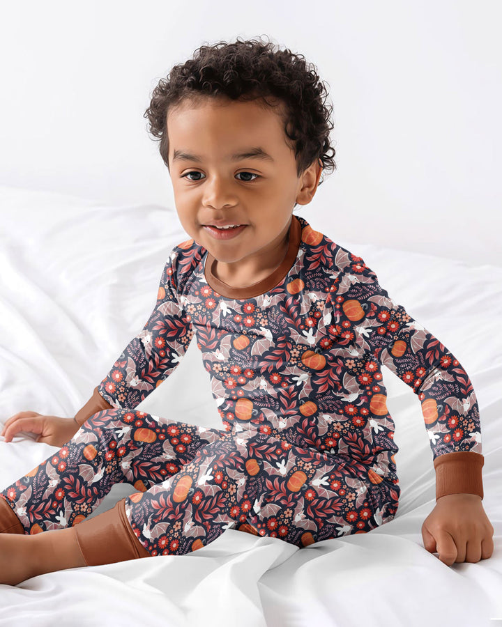 Bat Pumpkin Floral Halloween Bamboo Two Piece Long Sleeve Pajama Set