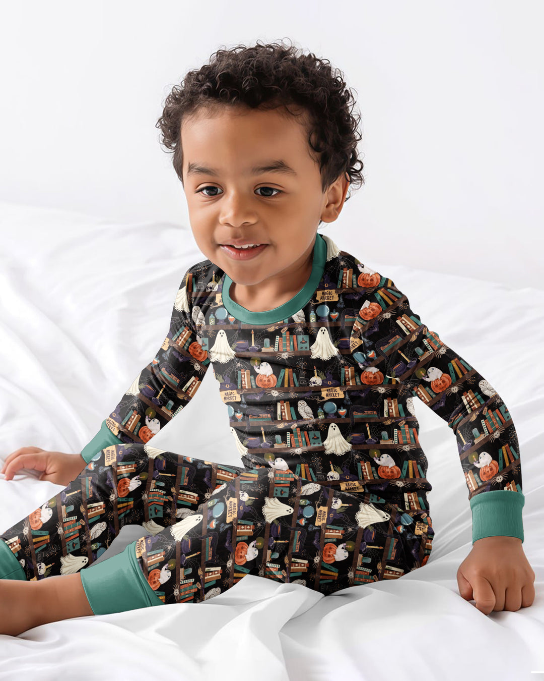 Cute Ghost Witchy Halloween Magic Library Bamboo Two Piece Long Sleeve Pajama Set