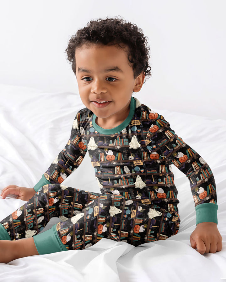 Cute Ghost Witchy Halloween Magic Library Bamboo Two Piece Long Sleeve Pajama Set
