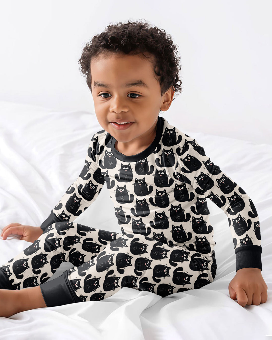 Moody Black Cats in Black and White Bamboo Two Piece Long Sleeve Pajama Set