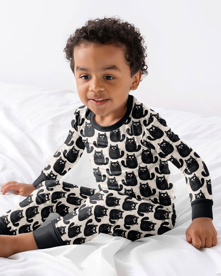 Moody Black Cats in Black and White Bamboo Two Piece Long Sleeve Pajama Set