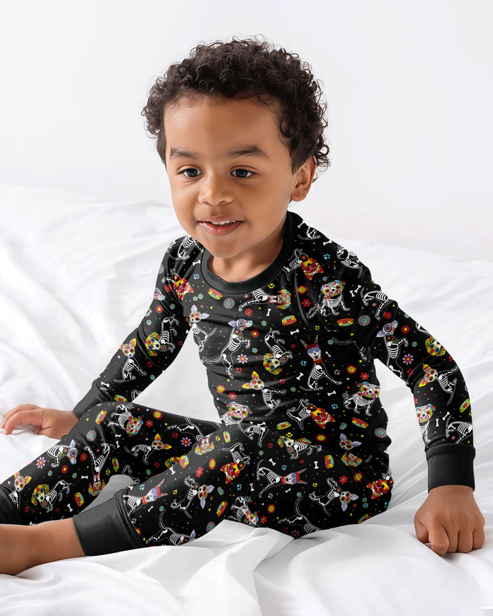 Sugar Skull Día de los Muertos Halloween Dog Mexican Bamboo Two Piece Long Sleeve Pajama Set