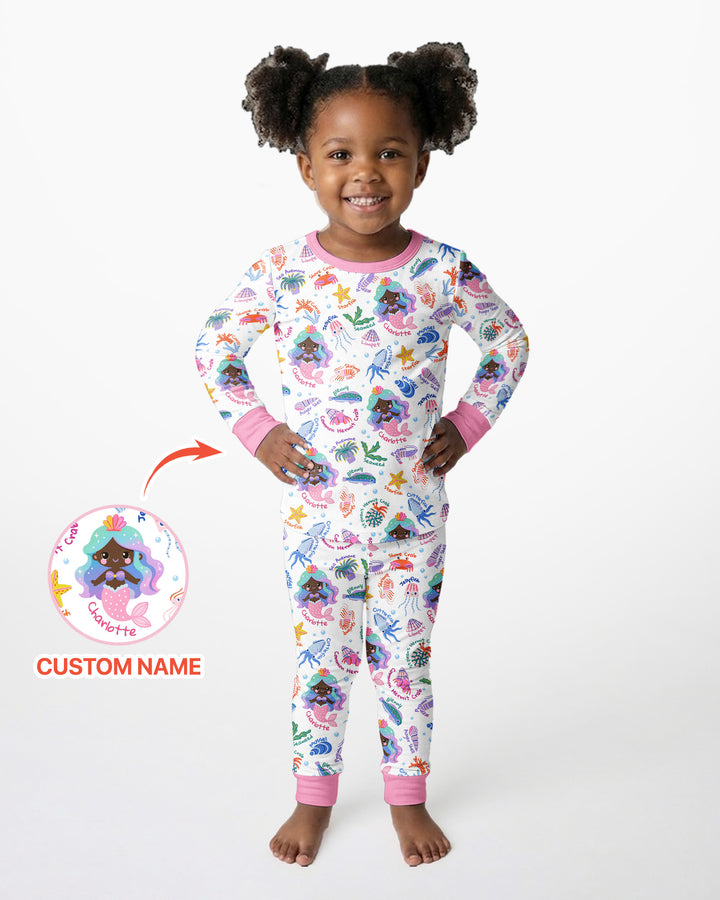 Personalized Cute Mermaid Bamboo Two Piece Long Sleeve Pajama Set