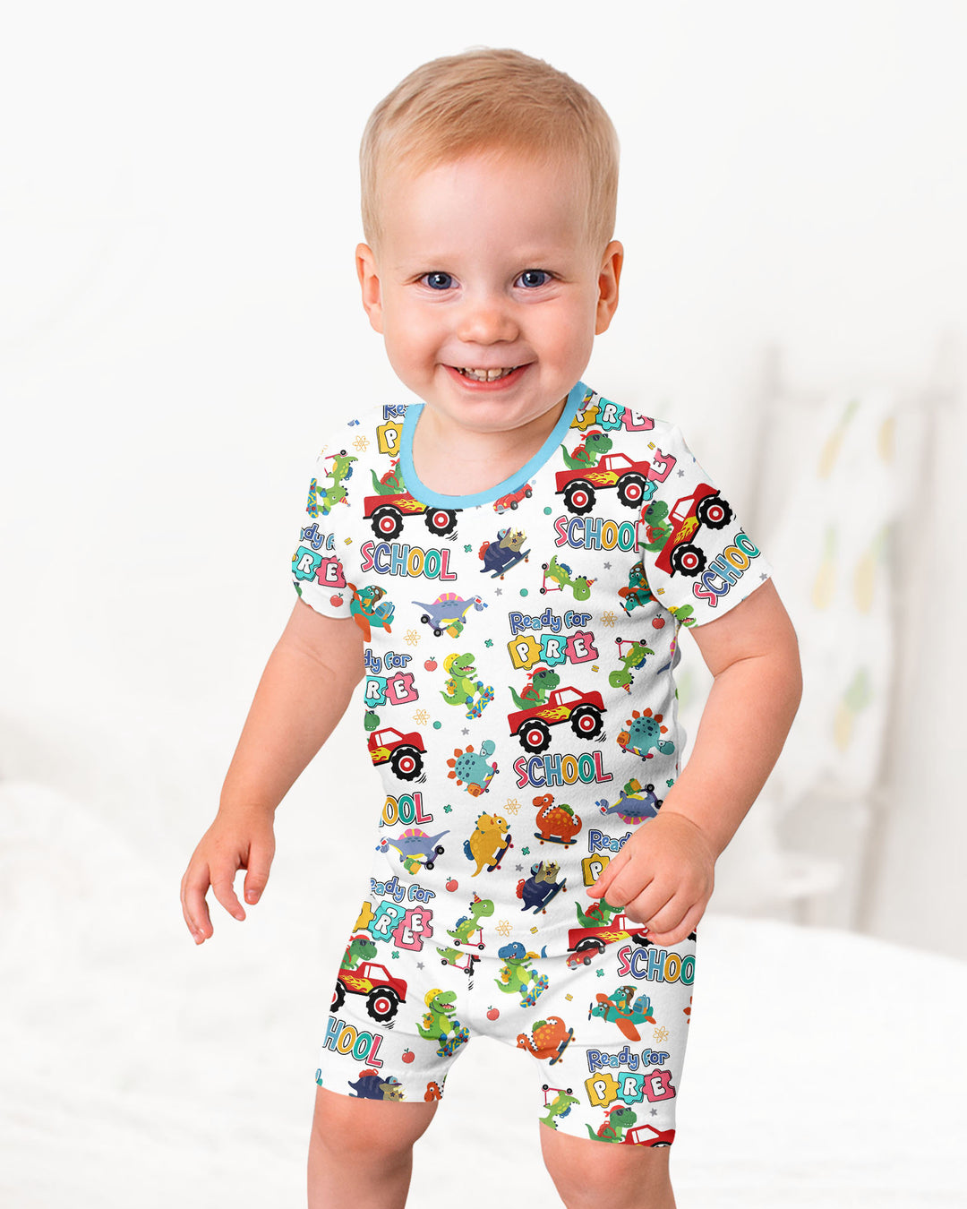 First Day of Preschool T-Rex Bamboo Two Piece Short Sleeve Shorts Pajama Set