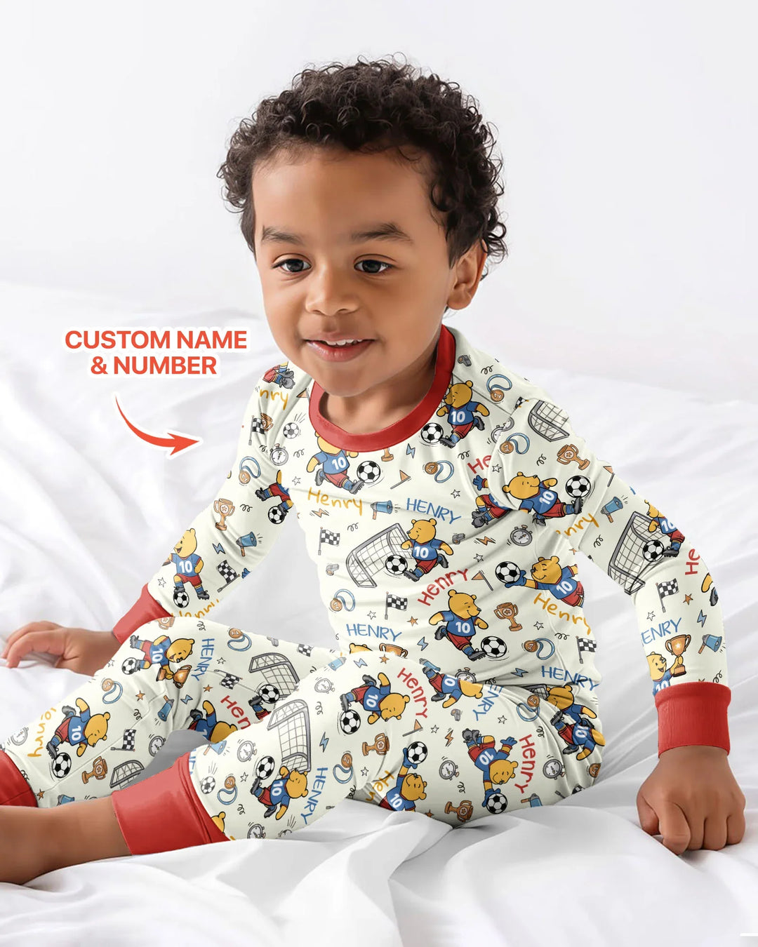 Personalized Classic Bear World Soccer Bamboo Two Piece Long Sleeve Pajama Set