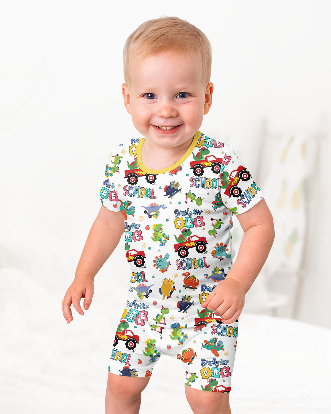 First Day of Preschool T-Rex Bamboo Two Piece Short Sleeve Shorts Pajama Set