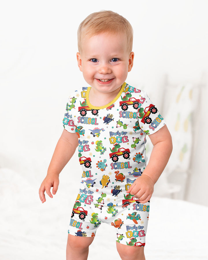 First Day of Preschool T-Rex Bamboo Two Piece Short Sleeve Shorts Pajama Set