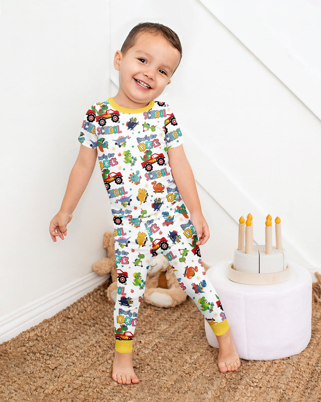 First Day of Preschool T-Rex Bamboo Two Piece Short Sleeve Pajama Set