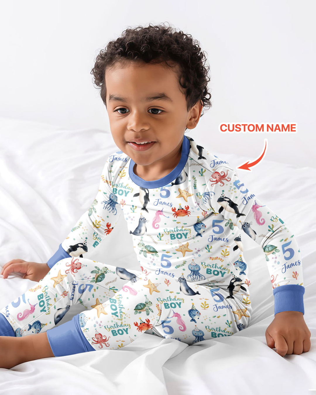 Birthday Under The Sea Custom Name & Age Bamboo Two Piece Long Sleeve Pajama Set