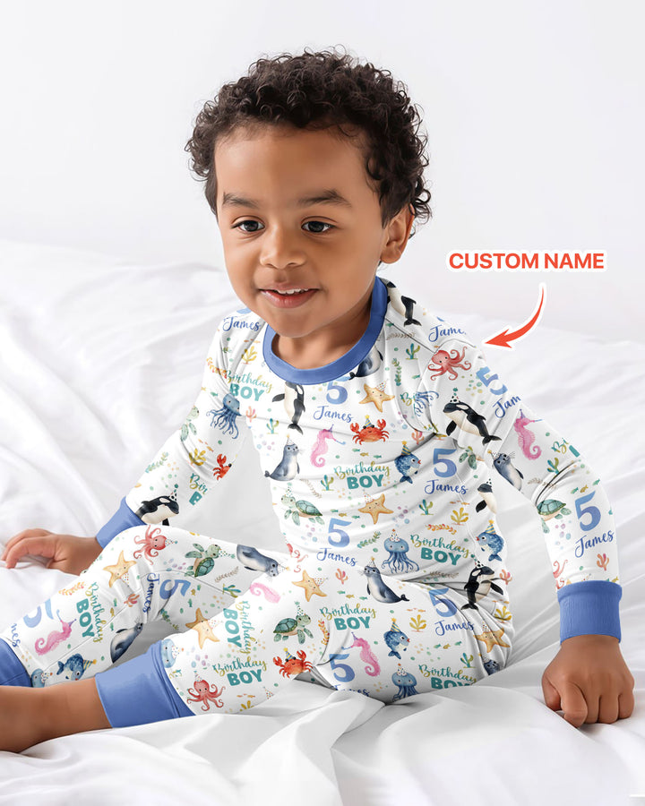 Birthday Under The Sea Custom Name & Age Bamboo Two Piece Long Sleeve Pajama Set