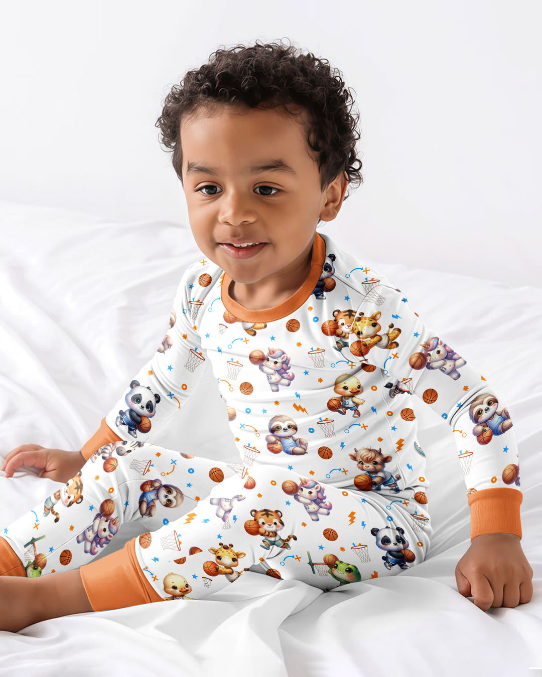Cartoon Basketball Animals Bamboo Two Piece Long Sleeve Pajama Set