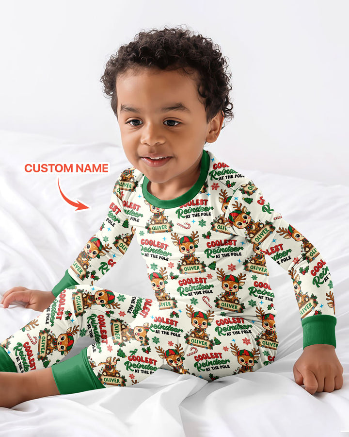 Custom Name Coolest Reindeer At The Pole Bamboo Two Piece Long Sleeve Pajama Set