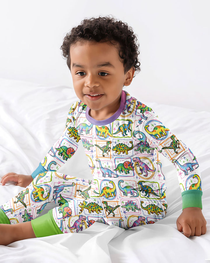 Dinosaur Colorful Stamps Bamboo Two Piece Long Sleeve Pajama Set