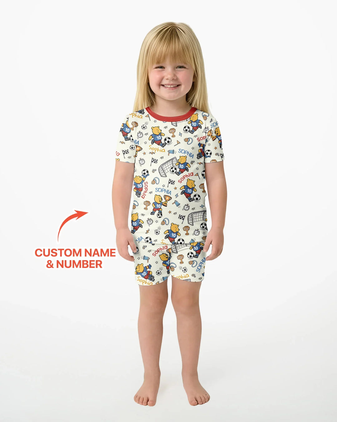 Personalized Classic Bear World Soccer Bamboo Two Piece Short Sleeve Shorts Pajama Set