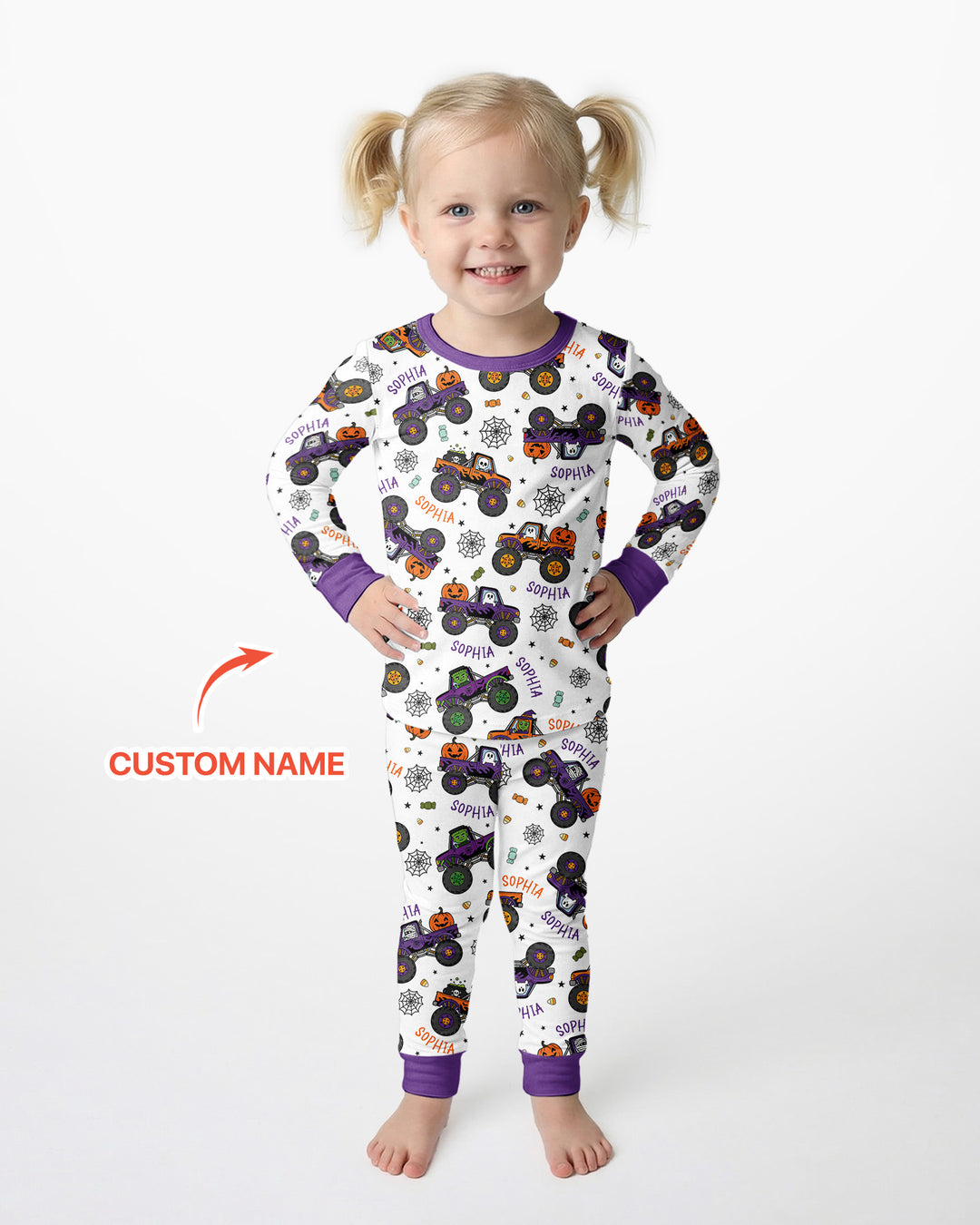 Custom Name Halloween Monster Truck Bamboo Two Piece Long Sleeve Pajama Set