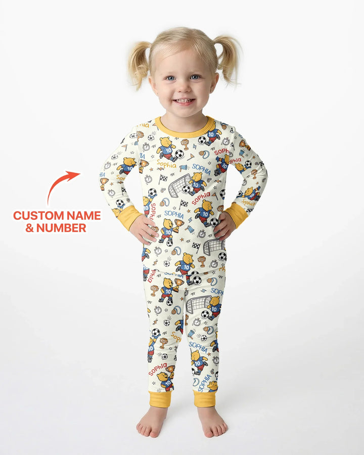 Personalized Classic Bear World Soccer Bamboo Two Piece Long Sleeve Pajama Set