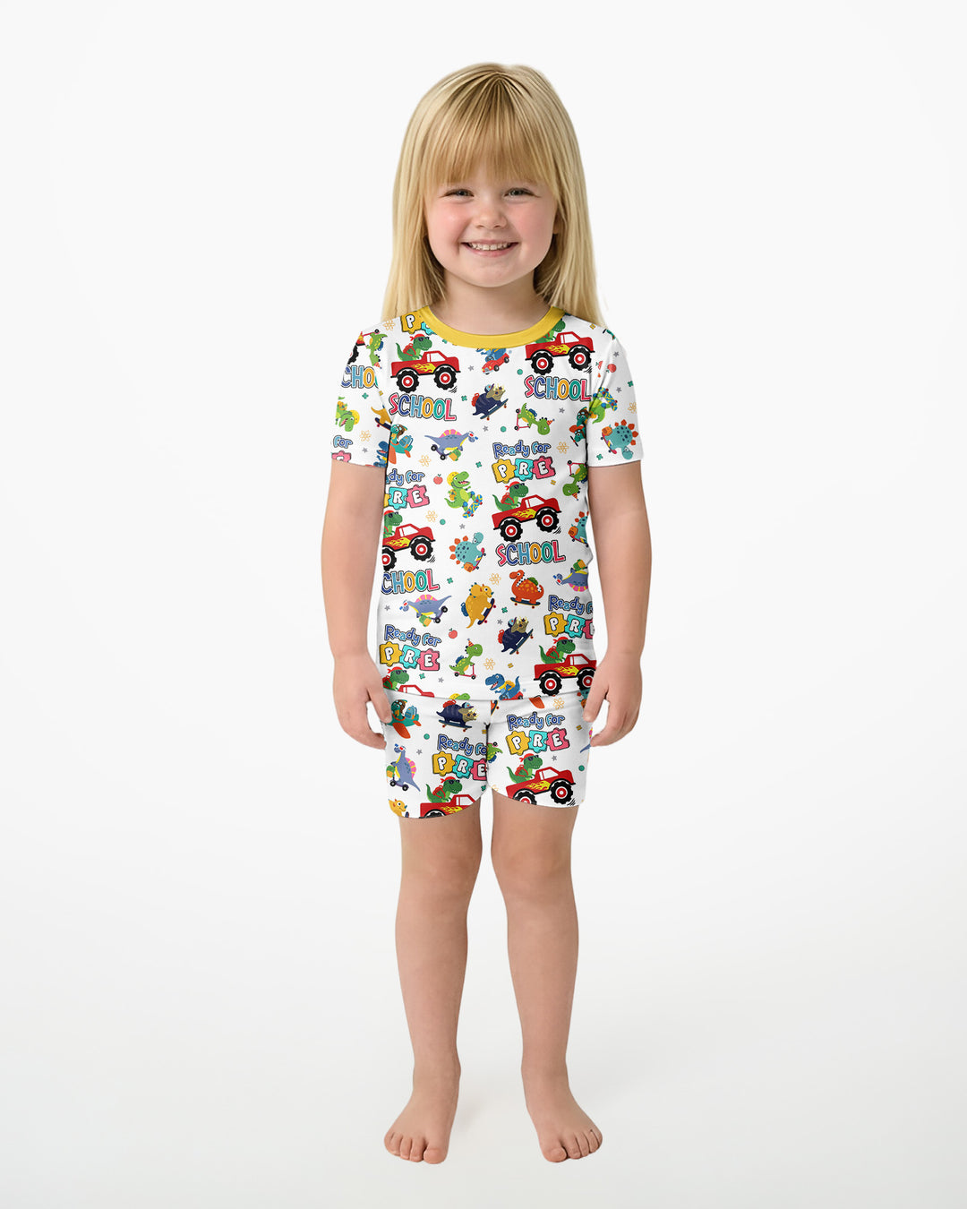 First Day of Preschool T-Rex Bamboo Two Piece Short Sleeve Shorts Pajama Set