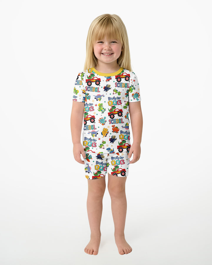 First Day of Preschool T-Rex Bamboo Two Piece Short Sleeve Shorts Pajama Set