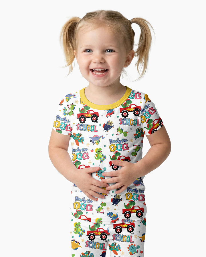 First Day of Preschool T-Rex Bamboo Two Piece Short Sleeve Pajama Set