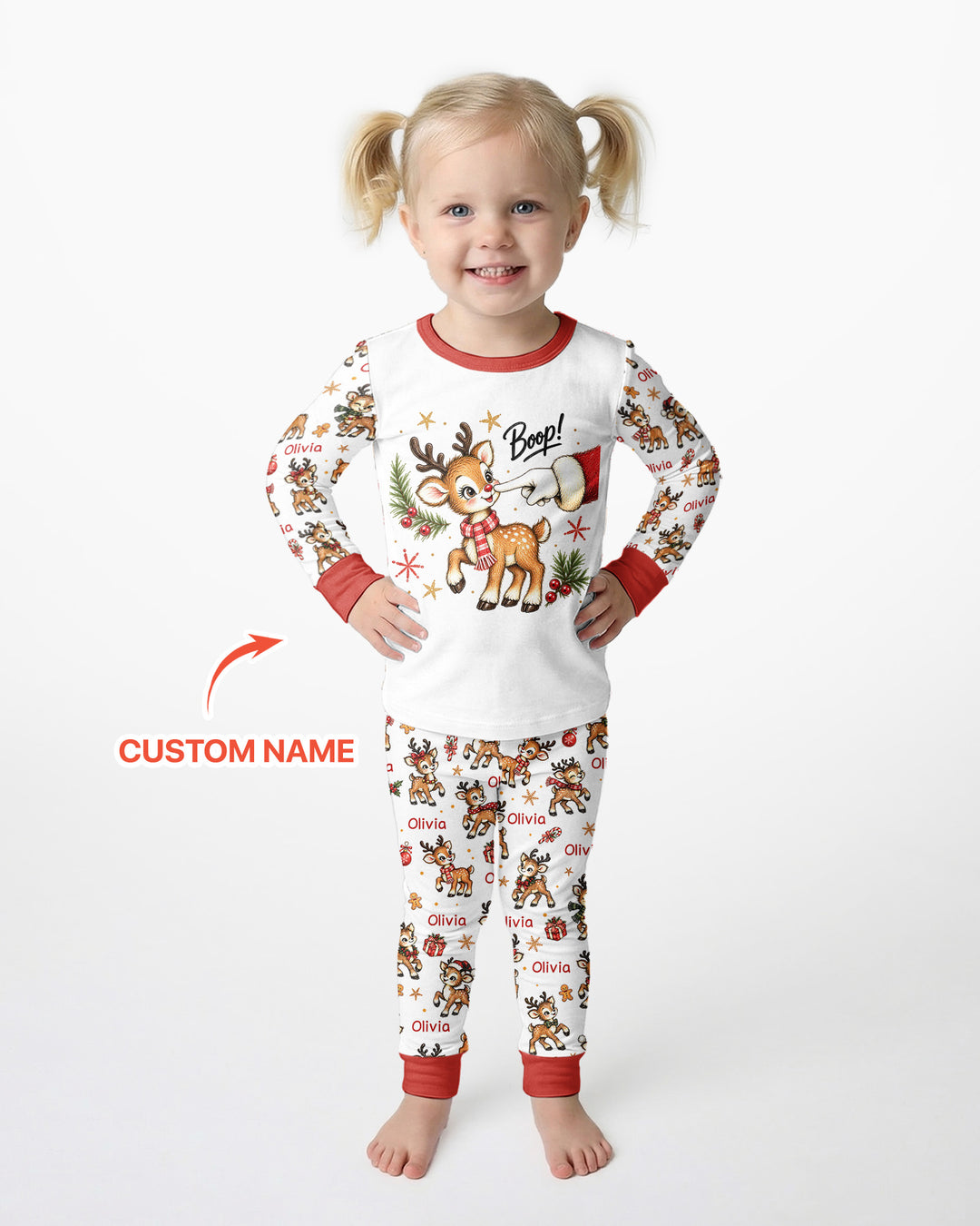 Reindeer Santa Boop Custom Name Bamboo Two Piece Long Sleeve Pajama Set