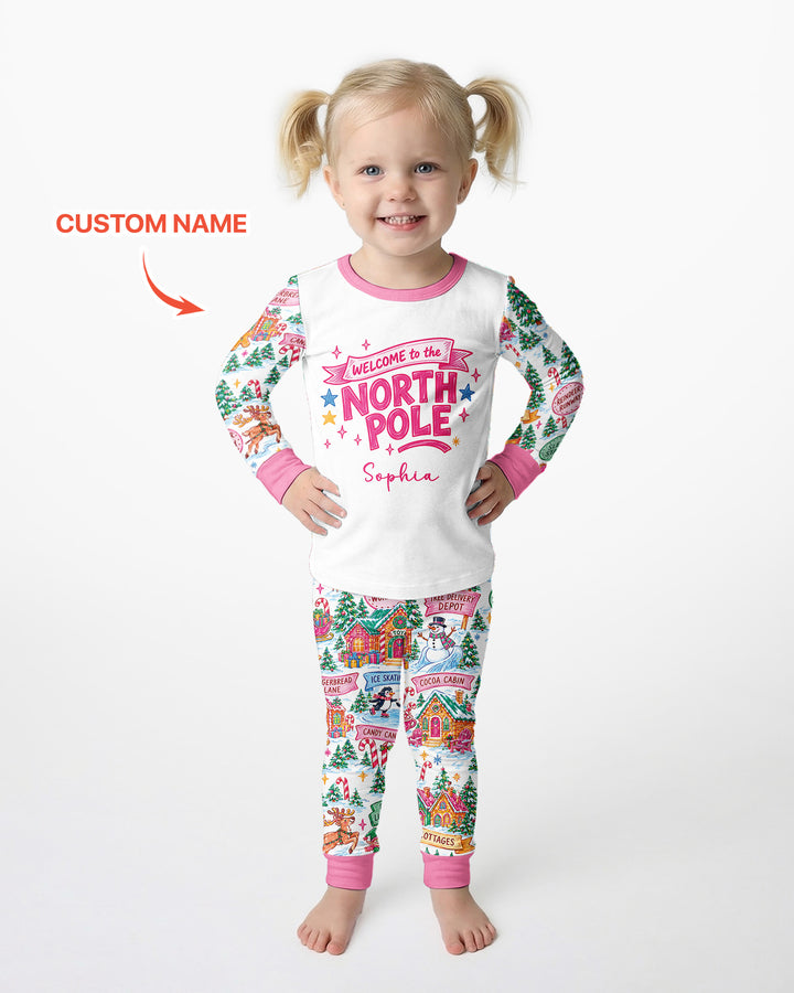 Welcome to North Pole Custom Name Bamboo Two Piece Long Sleeve Pajama Set