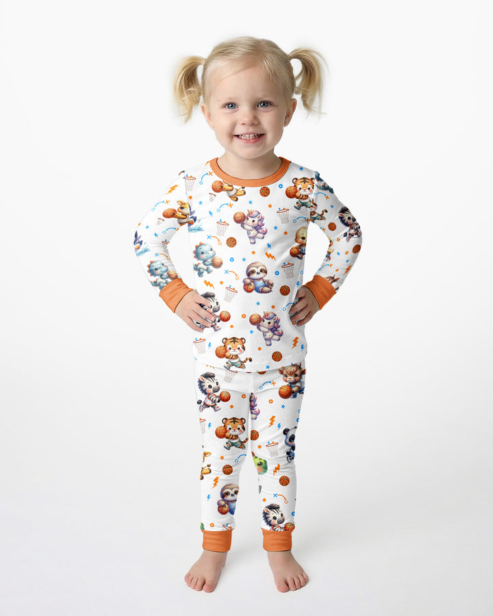 Cartoon Basketball Animals Bamboo Two Piece Long Sleeve Pajama Set
