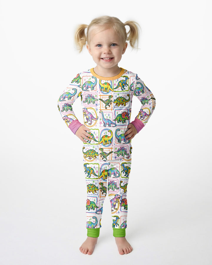 Dinosaur Colorful Stamps Bamboo Two Piece Long Sleeve Pajama Set