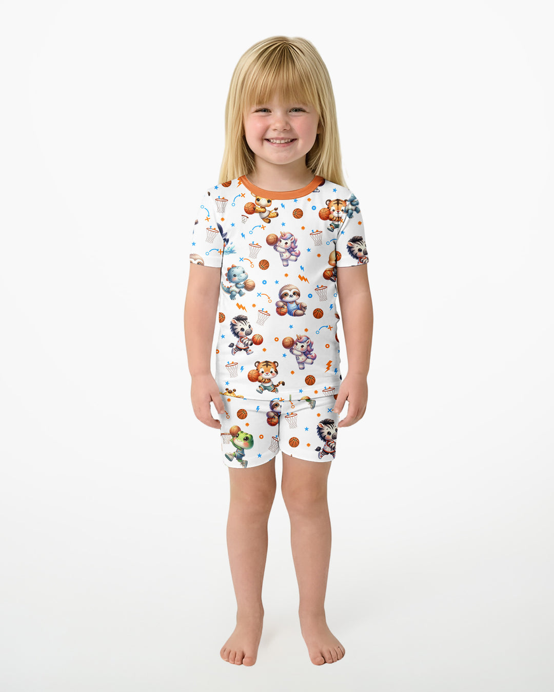 Cartoon Basketball Animals Bamboo Two Piece Short Sleeve Shorts Pajama Set