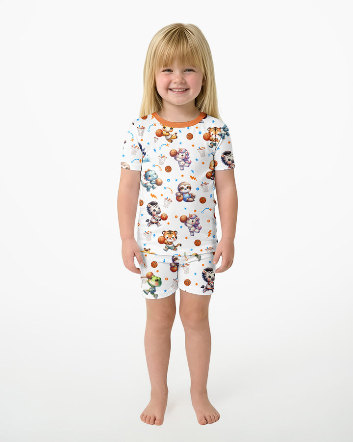 Cartoon Basketball Animals Bamboo Two Piece Short Sleeve Shorts Pajama Set