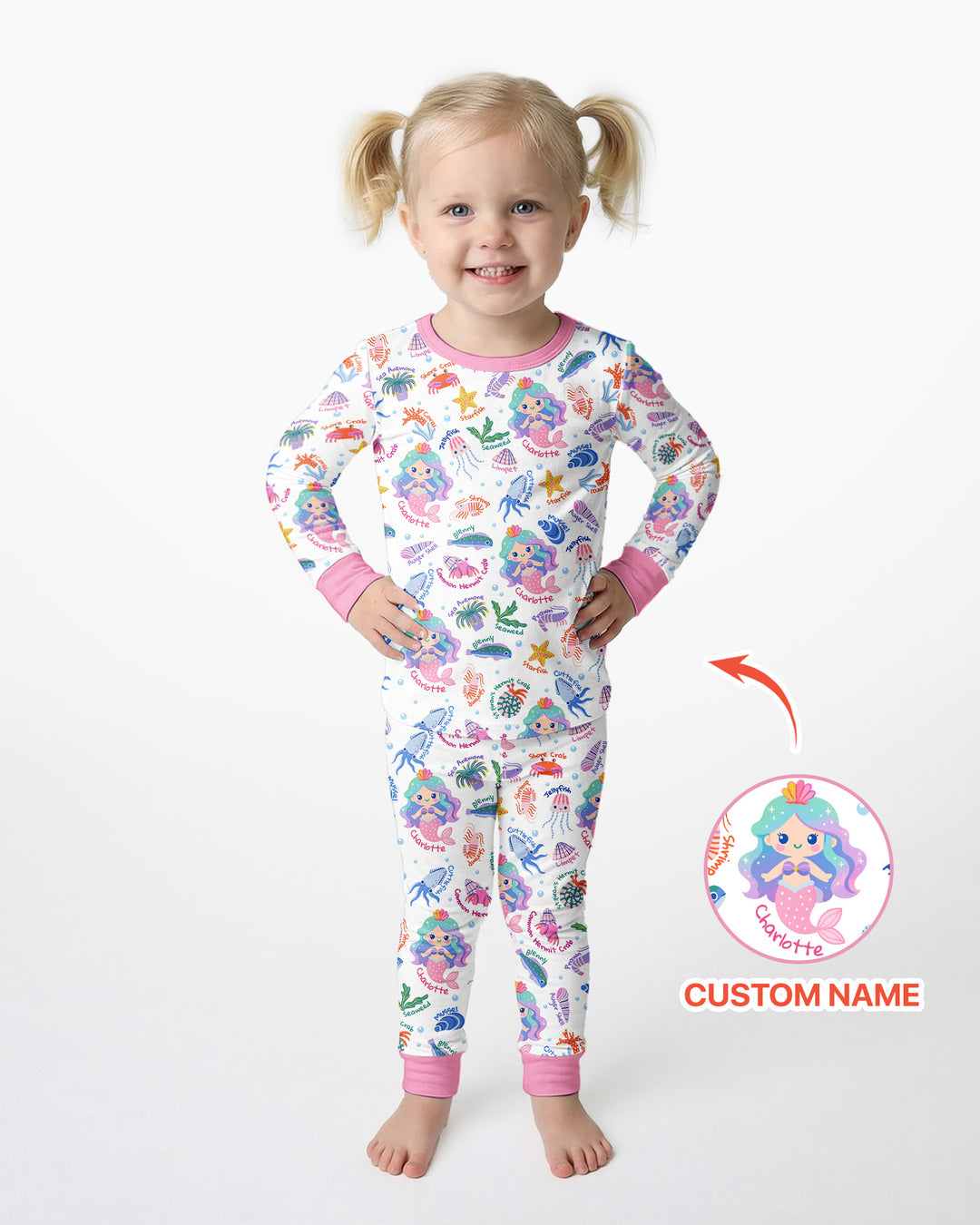 Personalized Cute Mermaid Bamboo Two Piece Long Sleeve Pajama Set