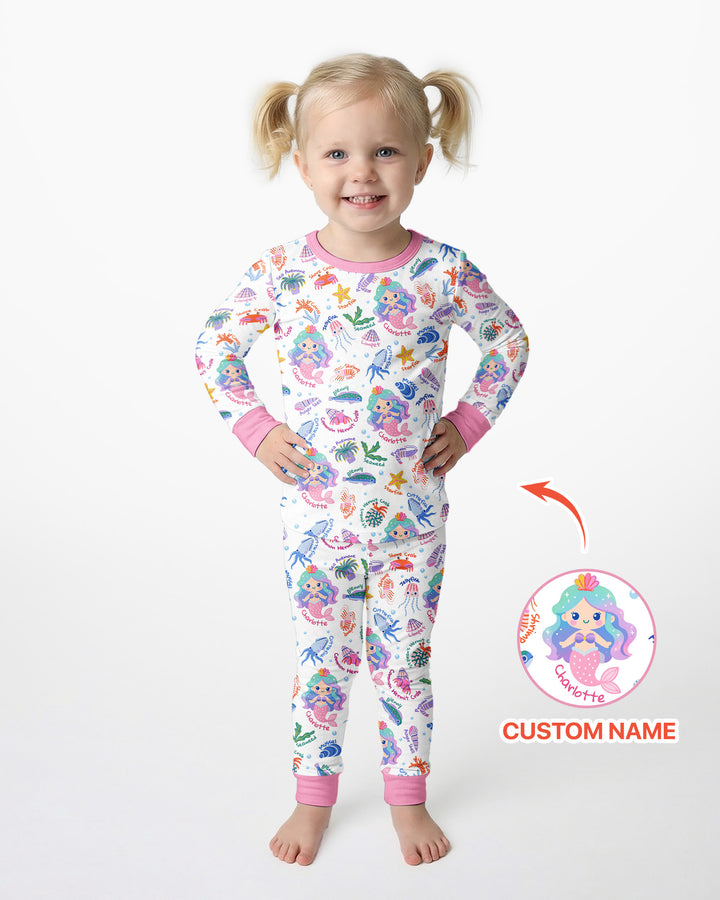 Personalized Cute Mermaid Bamboo Two Piece Long Sleeve Pajama Set