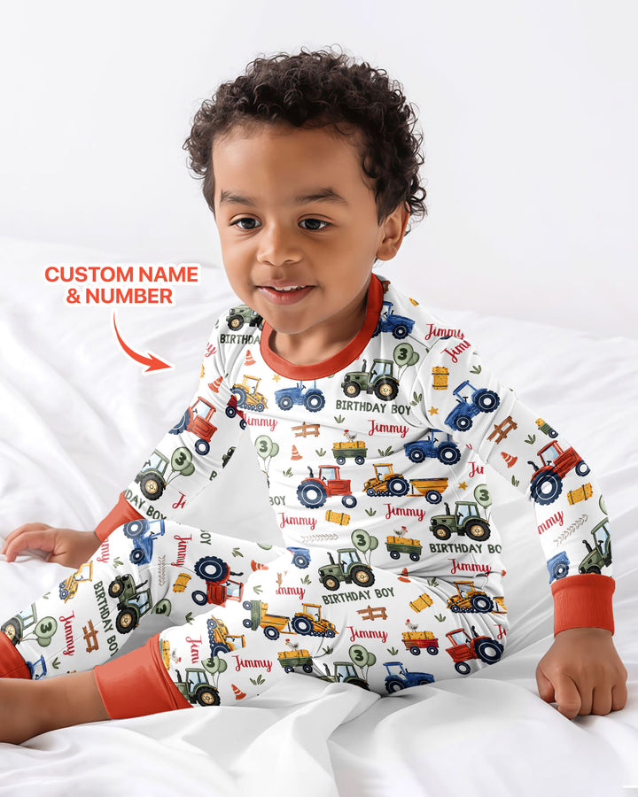Custom Name and Age Tractor Birthday Boy Bamboo Two Piece Long Sleeve Pajama Set