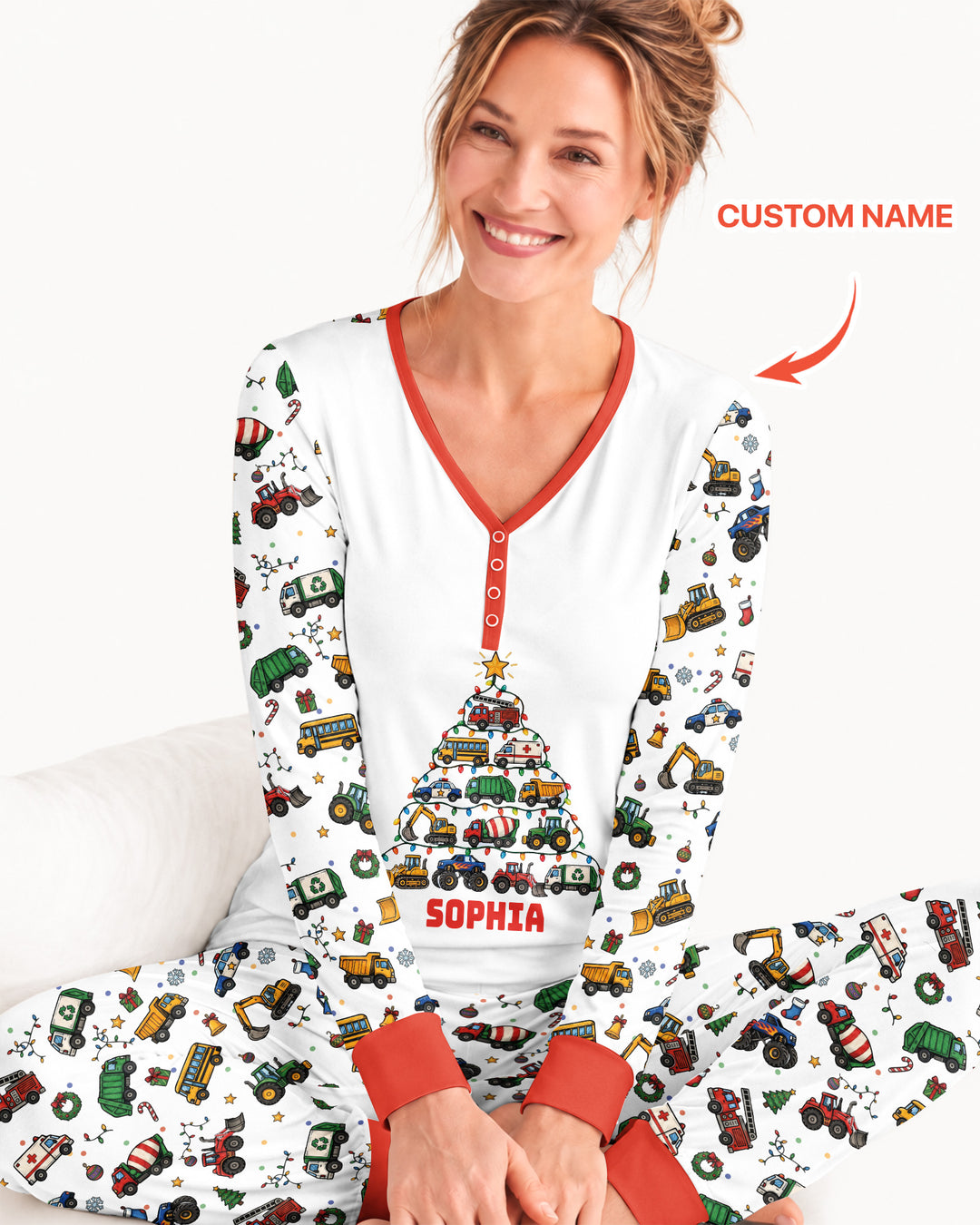 Custom Name Little Trucks Christmas Tree Bamboo Women Pajama Set