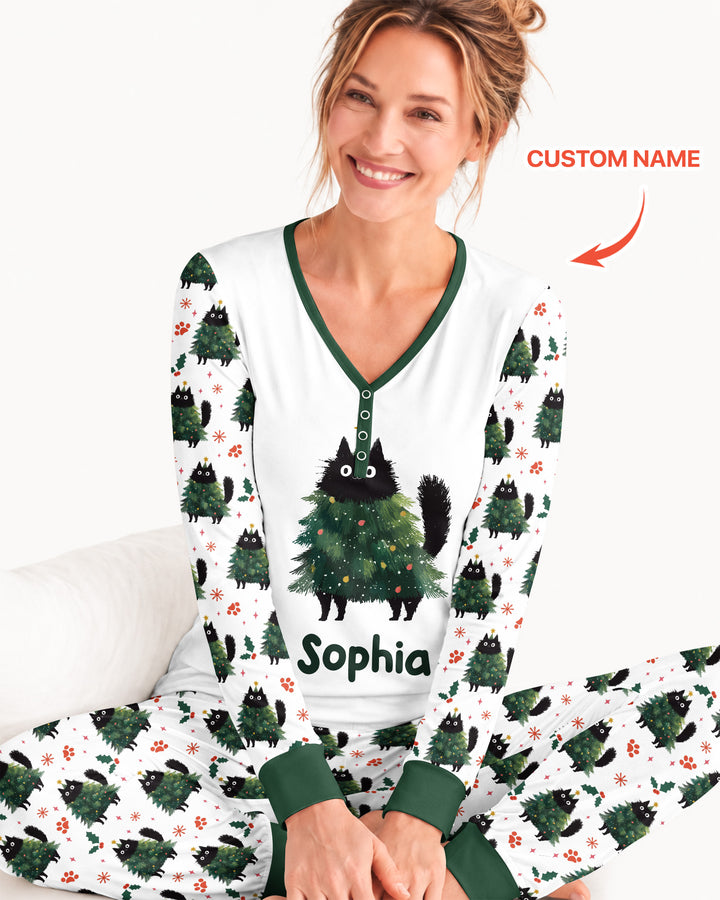 Custom Name Black Cat Christmas Bamboo Women Pajama Set