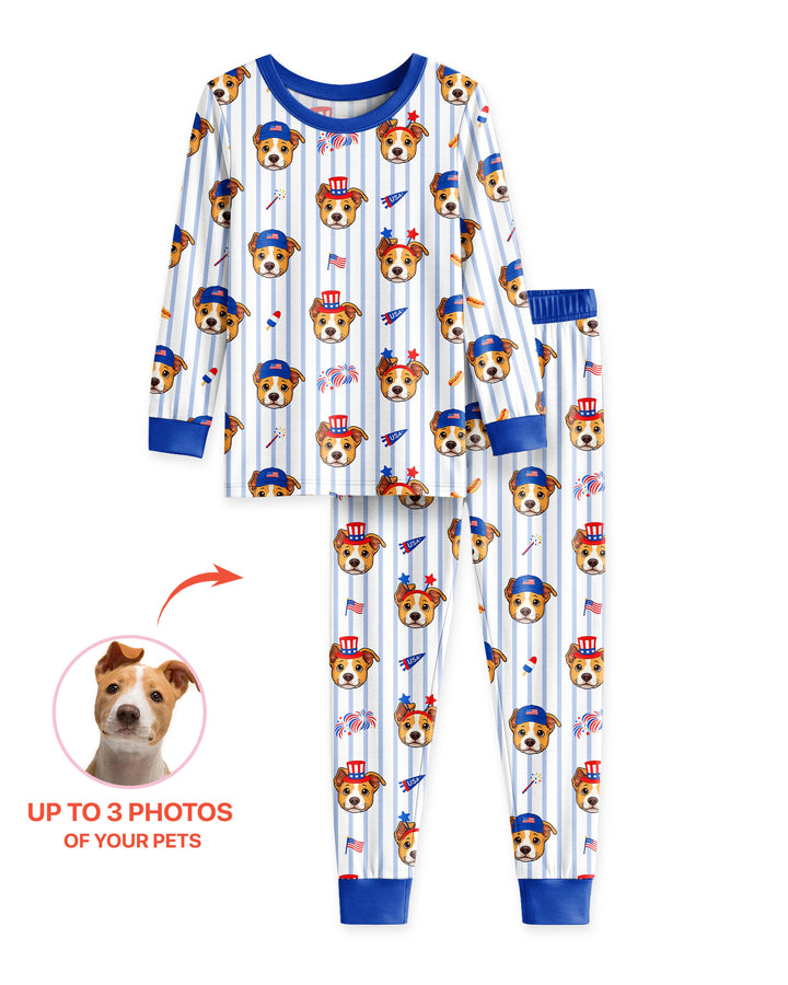 Custom Pet Image 4th of July Family Matching Bamboo Two Piece Long Sleeve Pajama Set