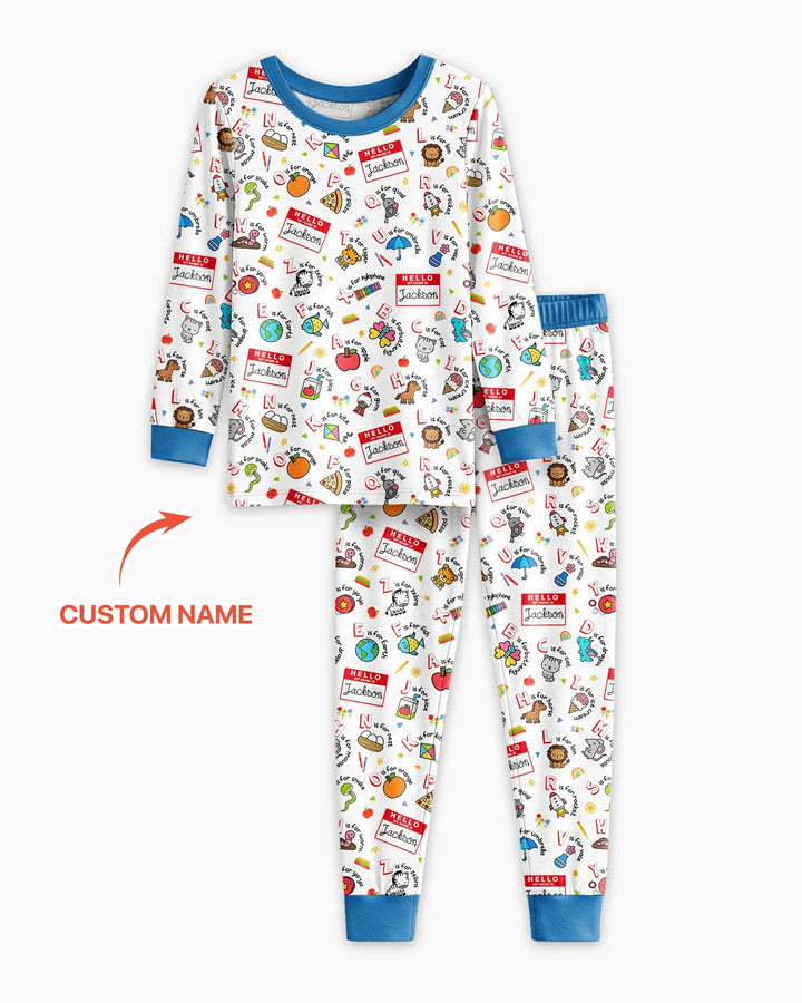Custom Name Hello School ABCs Bamboo Two Piece Long Sleeve Pajama Set