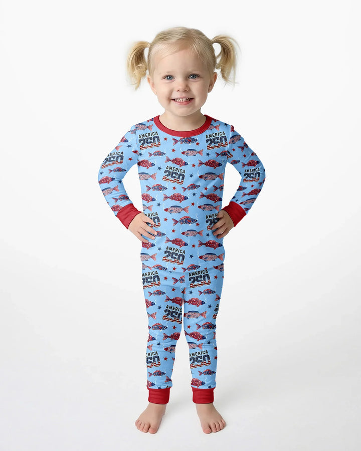 Stars and Stripes Fish Bamboo Two Piece Long Sleeve Pajama Set