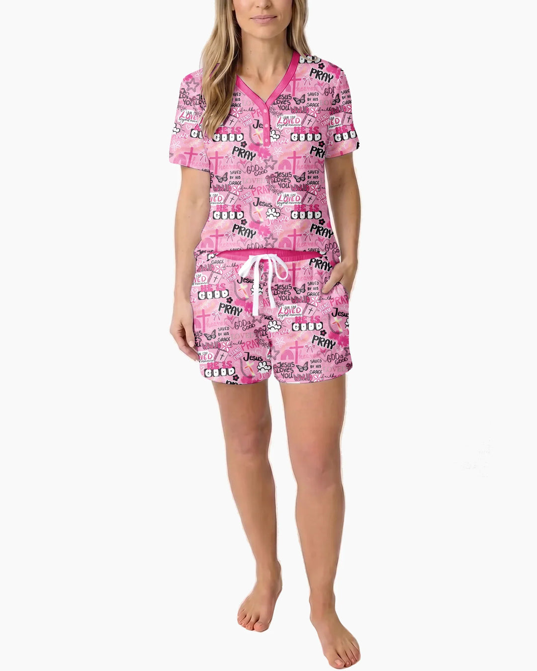 Pink Faith & Grace Bamboo Women Short Sleeve Short Pajama Set