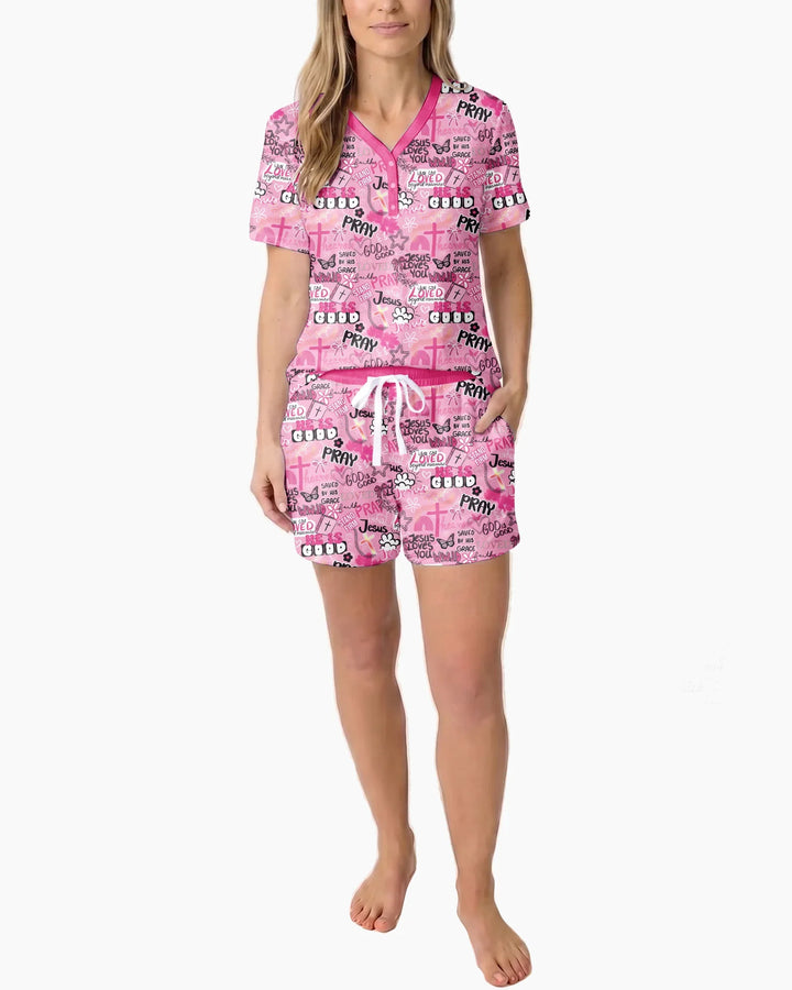 Pink Faith & Grace Bamboo Women Short Sleeve Short Pajama Set