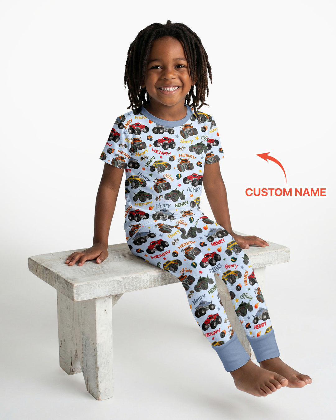 Personalized Monster Truck Bamboo Two Piece Short Sleeve Pajama Set