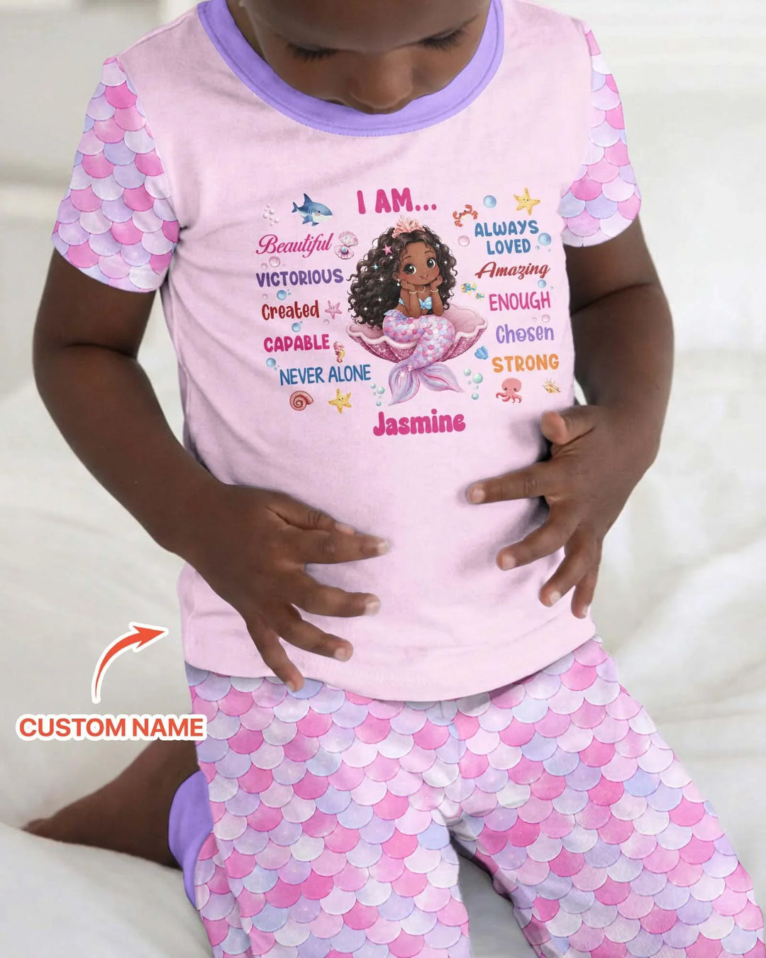 Custom Name Black Mermaid I Am Beautiful Bamboo Two Piece Short Sleeve Pajama Set