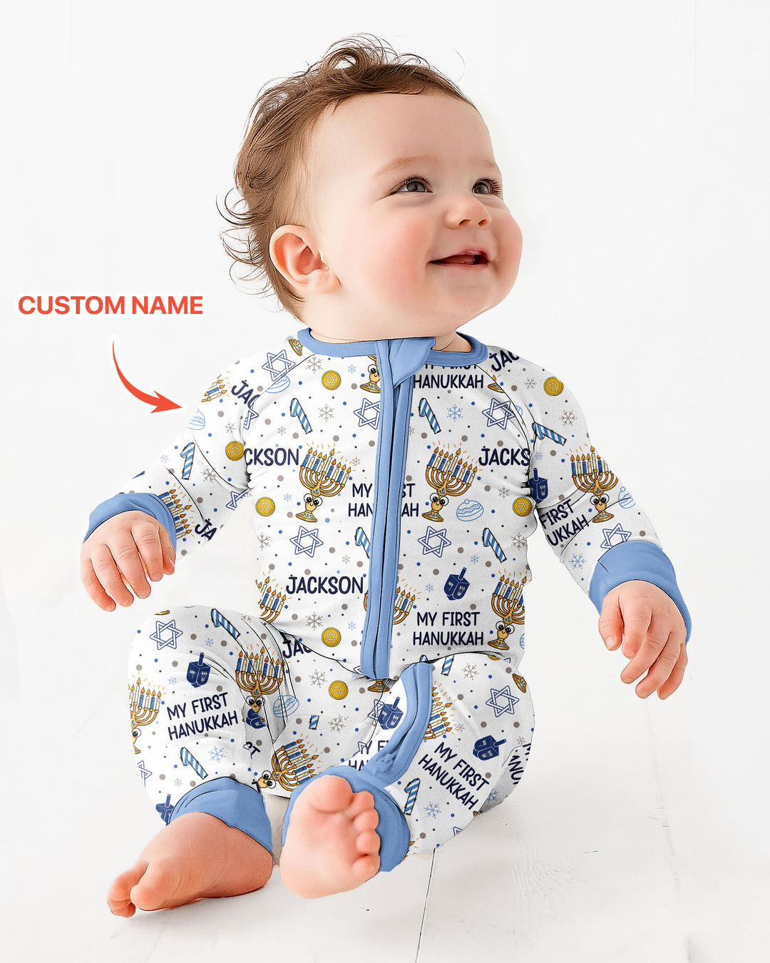 Custom Name Doodle Dreidel First Hanukkah Bamboo Convertible Zippy