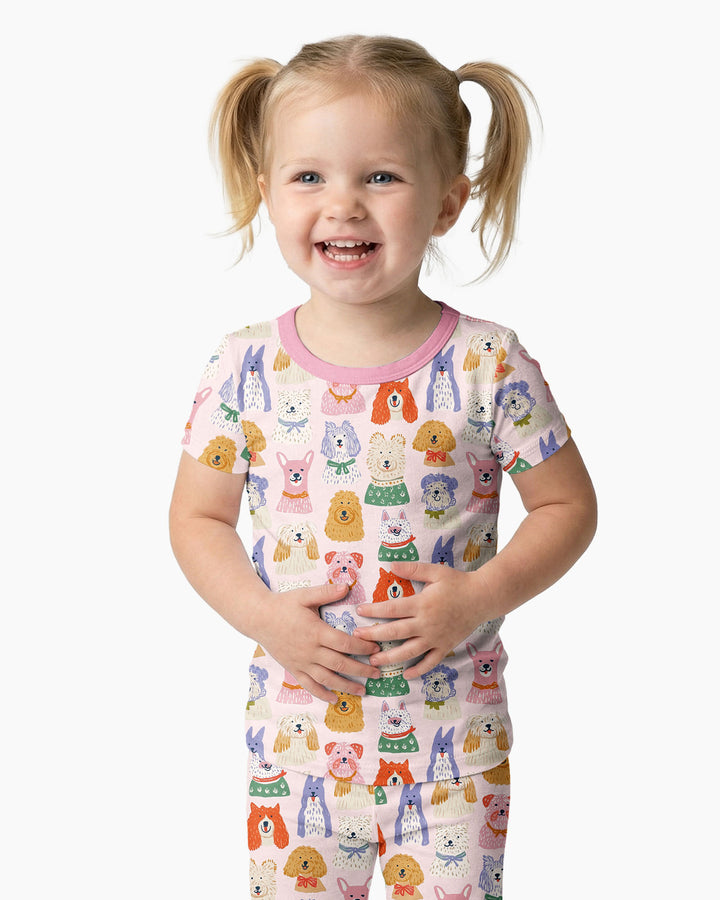 Whimsical Puppy Parade Family Matching Bamboo Two Piece Short Sleeve Pajama Set