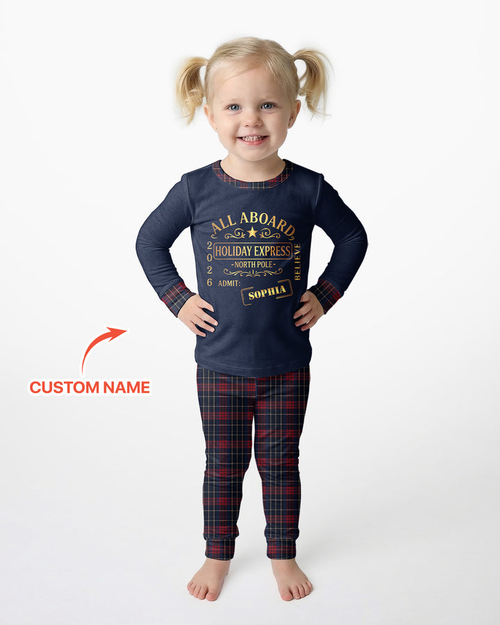Custom Name North Pole Plaid Bamboo Two Piece Long Sleeve Pajama Set