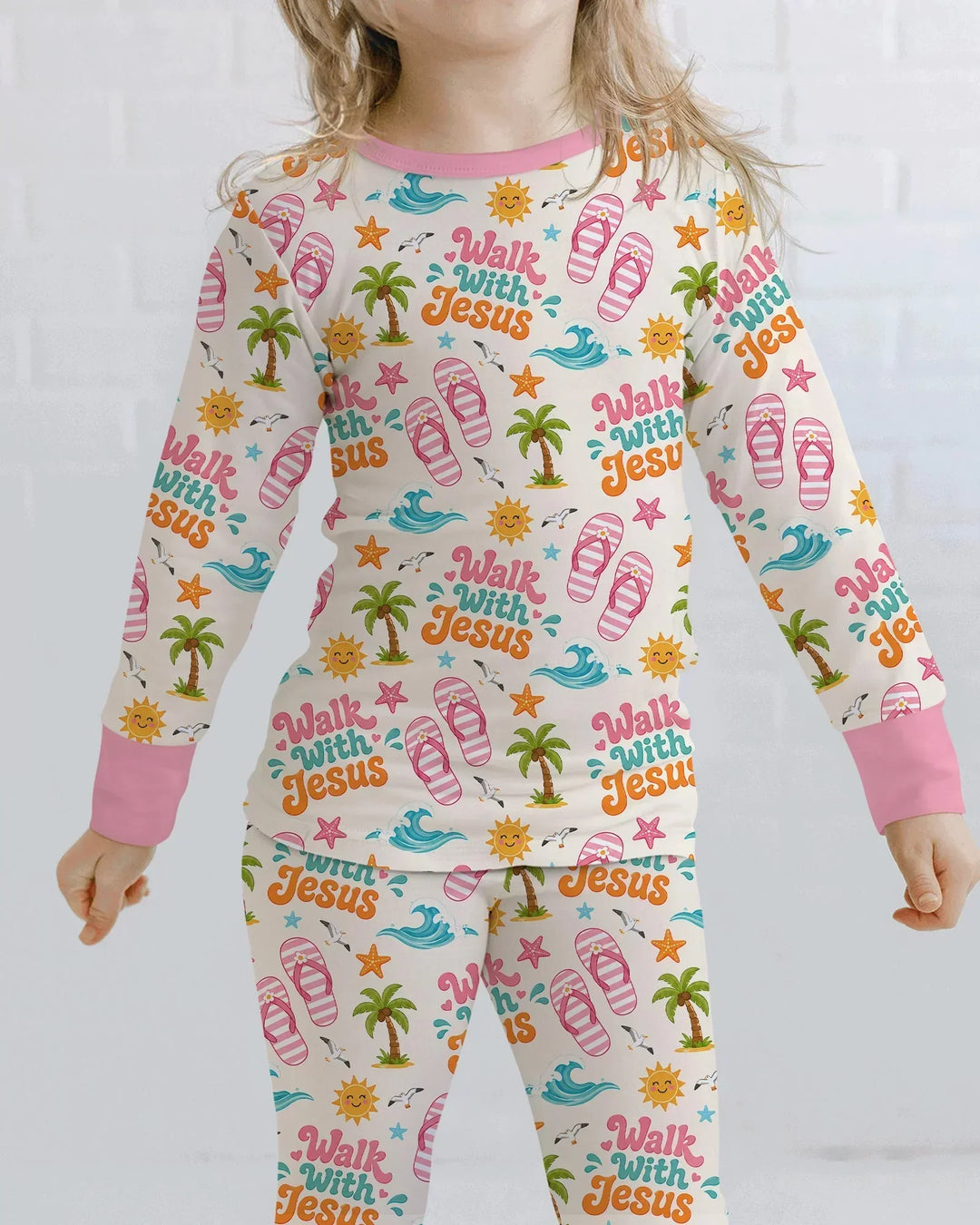 Groovy Summer Walk With Jesus Bamboo Two Piece Long Sleeve Pajama Set