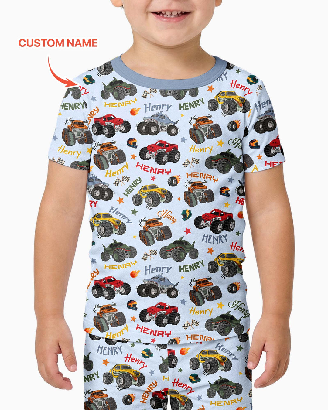 Personalized Monster Truck Bamboo Two Piece Short Sleeve Pajama Set