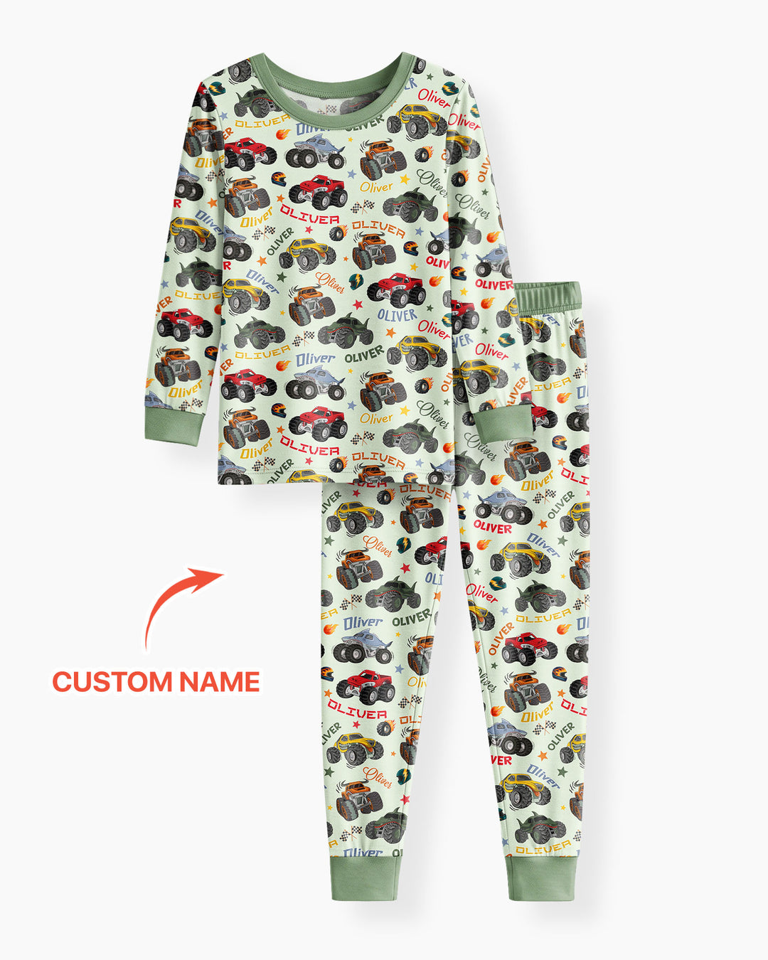 Personalized Monster Truck Bamboo Two Piece Long Sleeve Pajama Set