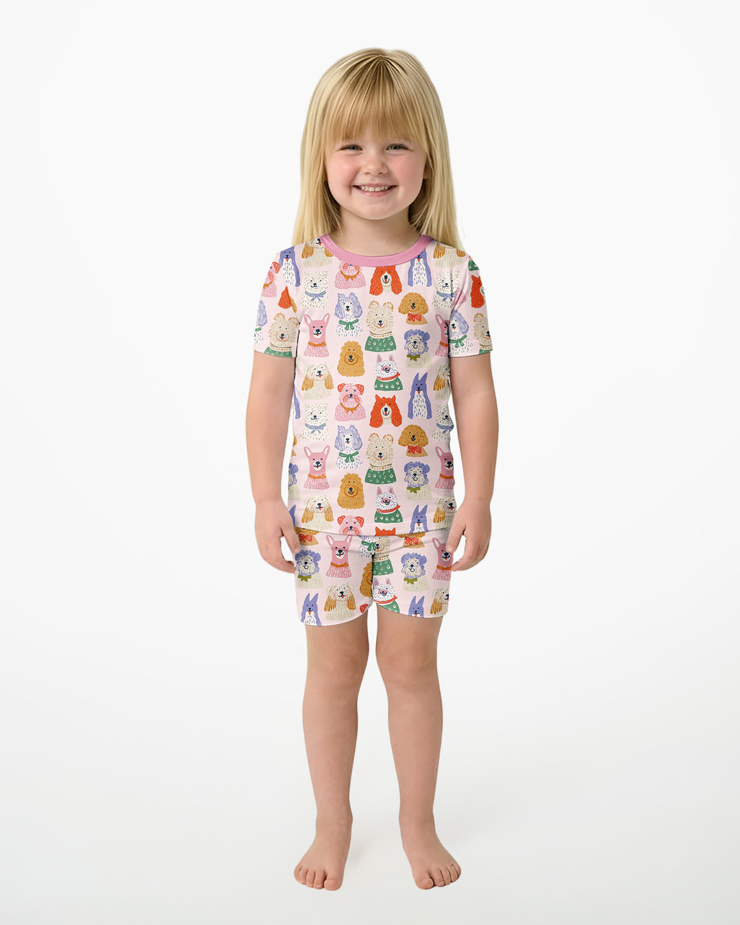 Whimsical Puppy Parade Family Matching Bamboo Two Piece Short Sleeve Shorts Pajama Set