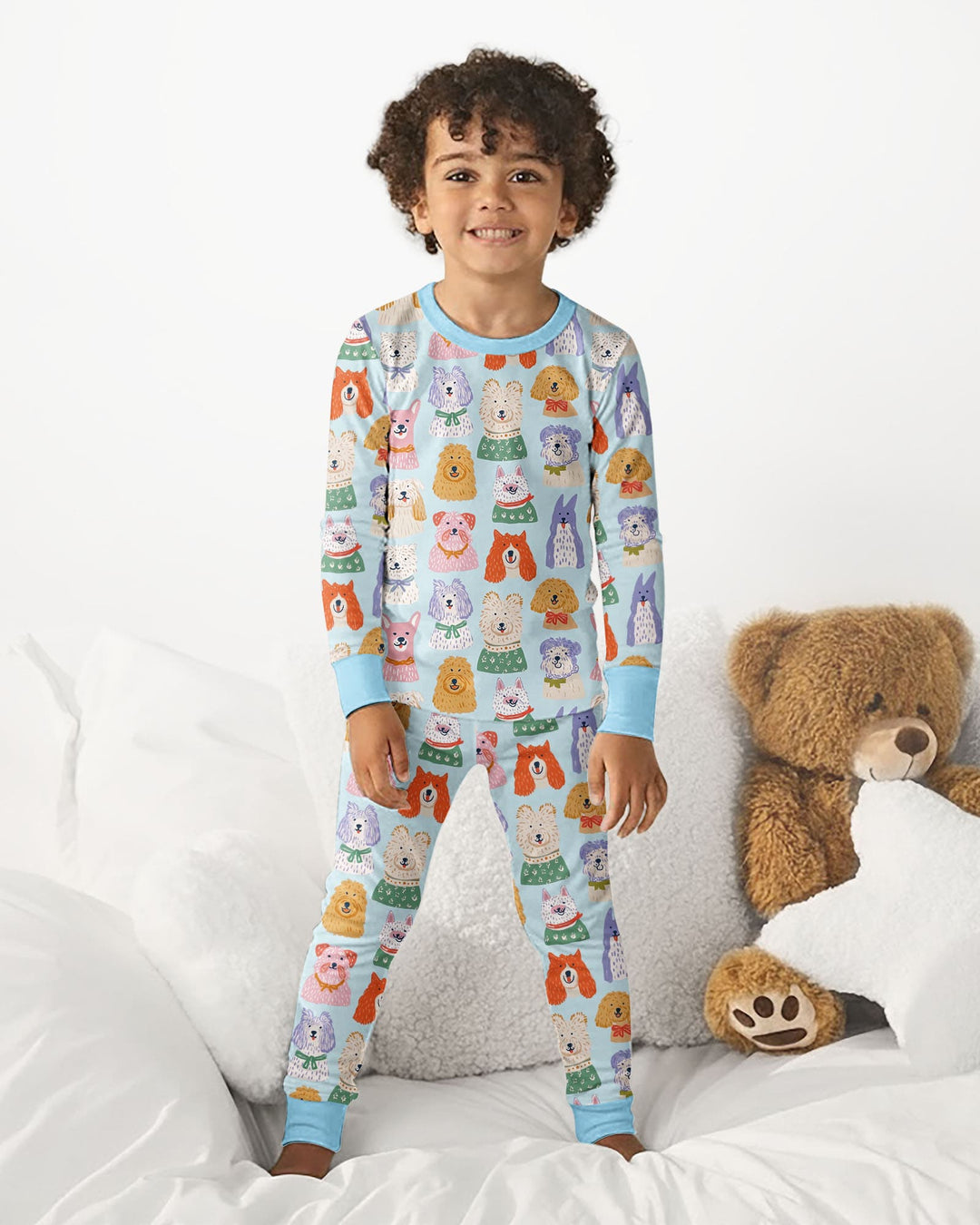 Whimsical Puppy Parade Family Matching Bamboo Two Piece Long Sleeve Pajama Set