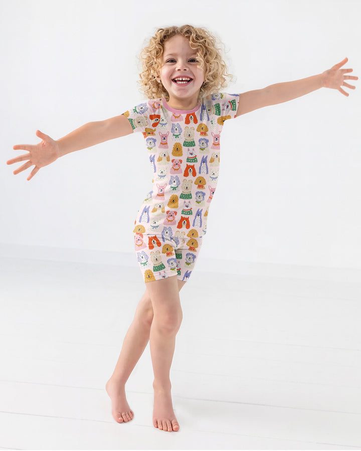 Whimsical Puppy Parade Family Matching Bamboo Two Piece Short Sleeve Shorts Pajama Set